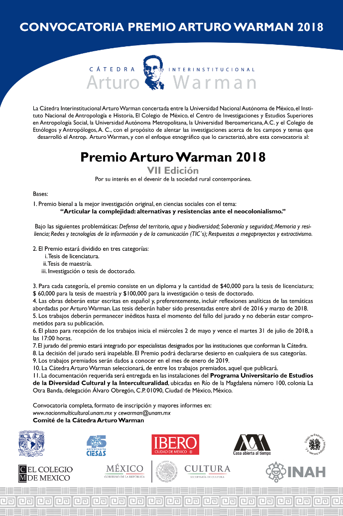 Convocatoria Premio Arturo Warman 2018. Séptima edición