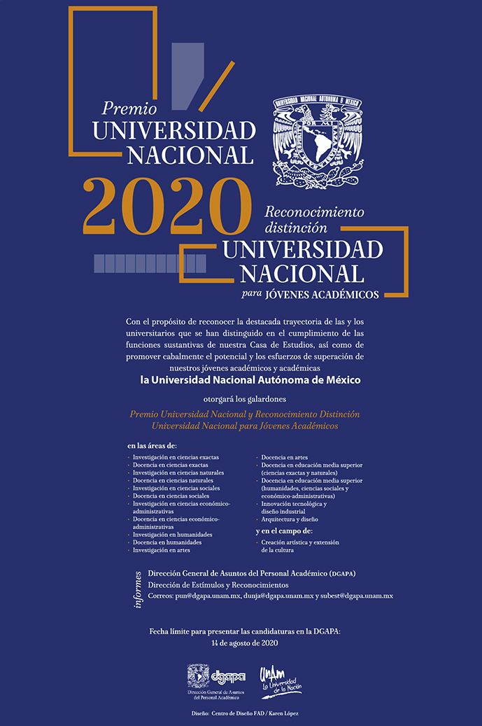 Premio Universidad Nacional y  Reconocimiento Distinción Universidad Nacional para Jóvenes Académicos. Edición 2020