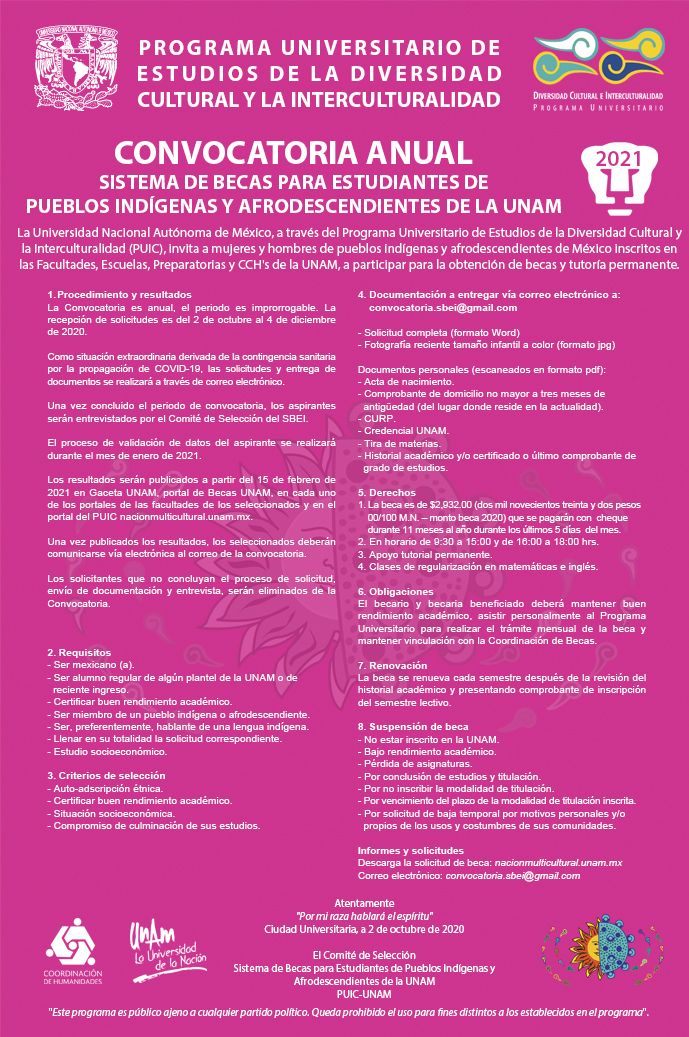 Convocatoria  Sistema de Becas para Estudiantes de Pueblos Indígenas y Afrodescendientes de la UNAM 2021