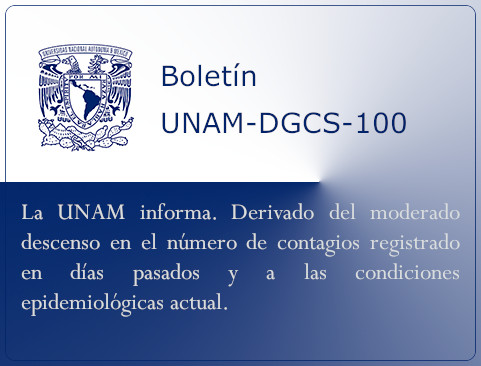 Boletín UNAM-DGCS-100. La UNAM informa. Derivado del moderado descenso en el número de contagios registrado en días pasados y a las condiciones epidemiológicas actual