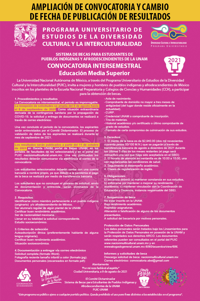 Convocatoria intersemestral Sistema de Becas para Estudiantes de Pueblos Indígenas y Afrodescendientes de la UNAM - Educación Media Superior