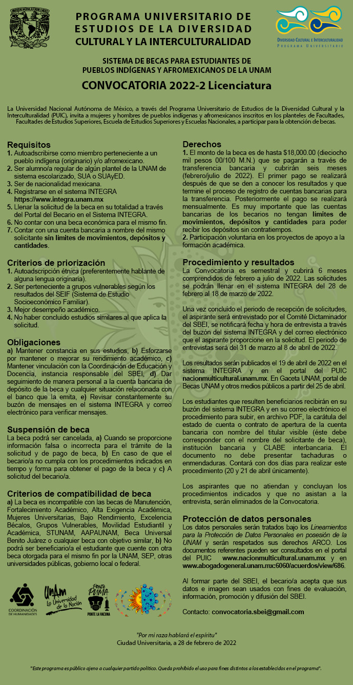 Convocatoria del Sistema de Becas para Estudiantes de Pueblos Indígenas y Afrodescendientes de la UNAM - Licenciatura