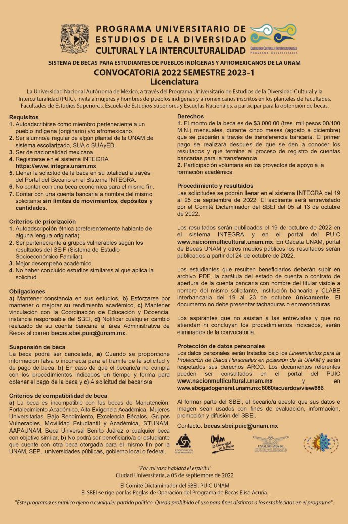 Convocatoria del Sistema de Becas para Estudiantes de Pueblos Indígenas y Afrodescendientes de la UNAM - Licenciatura