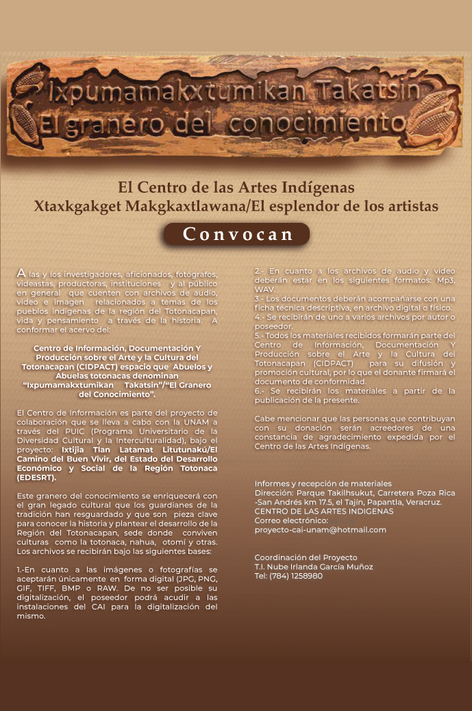 Convocatoria del Centro de Información, Documentación y Producción sobre el Arte y la Cultura del Totonacapan (CIDPACT).