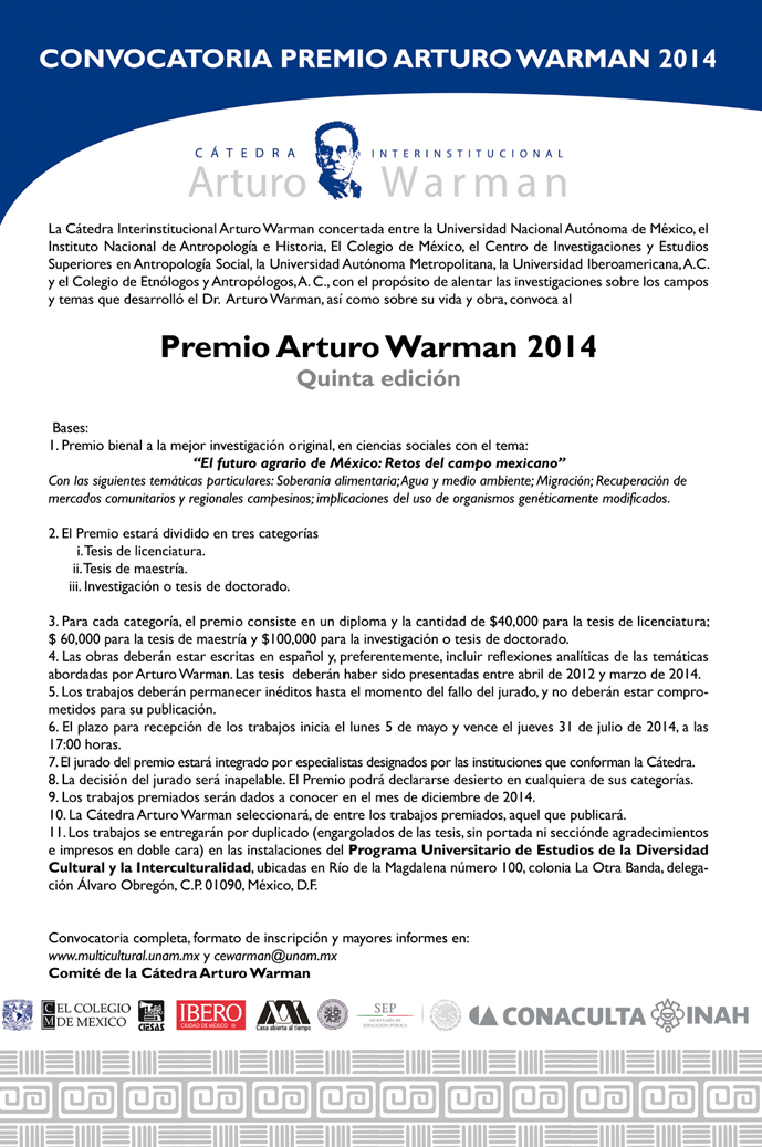 Convocatoria del V Premio Arturo Warman 2014. Quinta edición