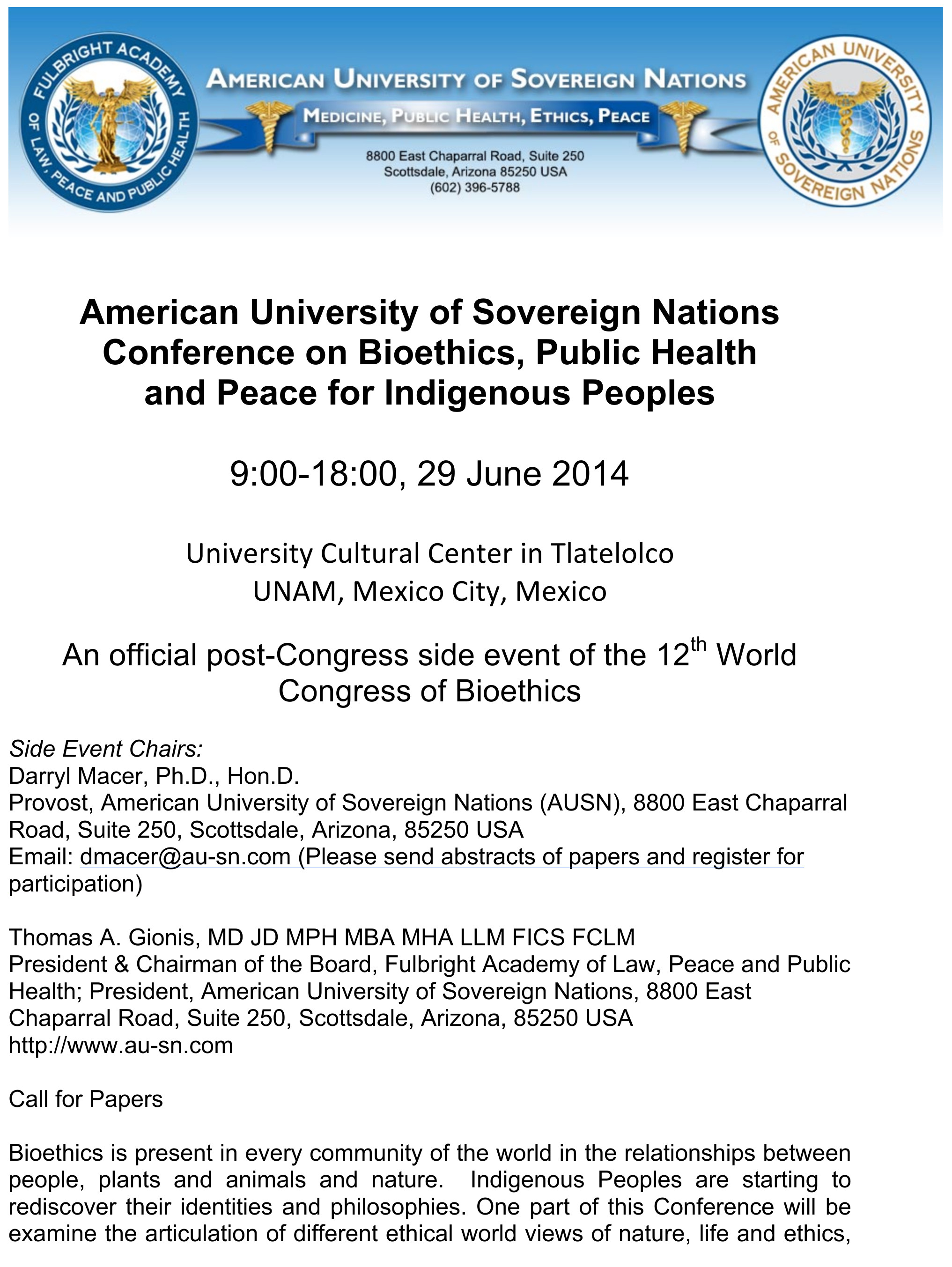 Conference on Bioethics, Public Health and Peace for Indigenous Peoples