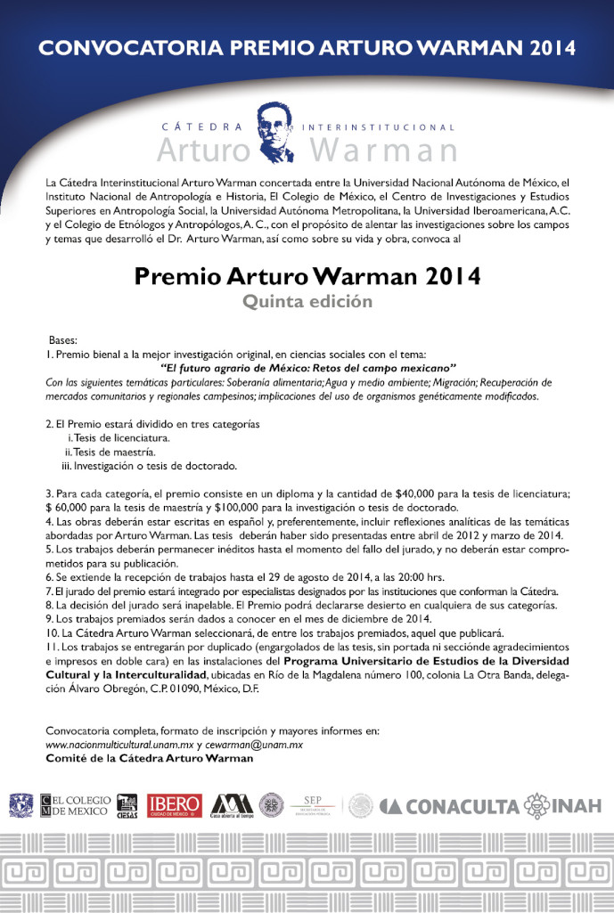 Convocatoria del V Premio Arturo Warman 2014. Quinta edición