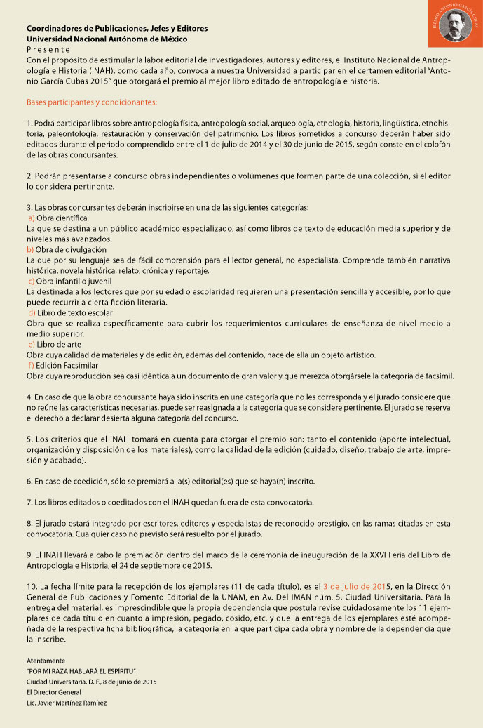 Convocatoria para participan en el Certamen editorial “Antonio García Cubas 2015”