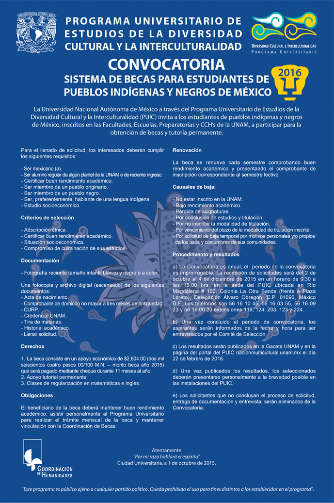 Convocatoria del Sistema de Becas para Estudiantes de Pueblos Indígenas y Negros de México 2016