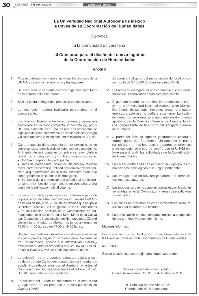 Convocatoria para participar en el concurso para el diseño del nuevo logotipo de la Coordinación de Humanidades