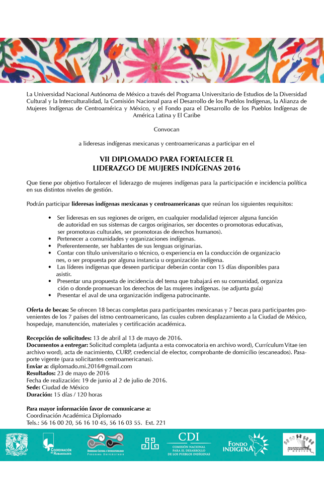 Convocatoria para participar en el VII Diplomado para Fortalecer el Liderazgo de Mujeres Indígenas 2016