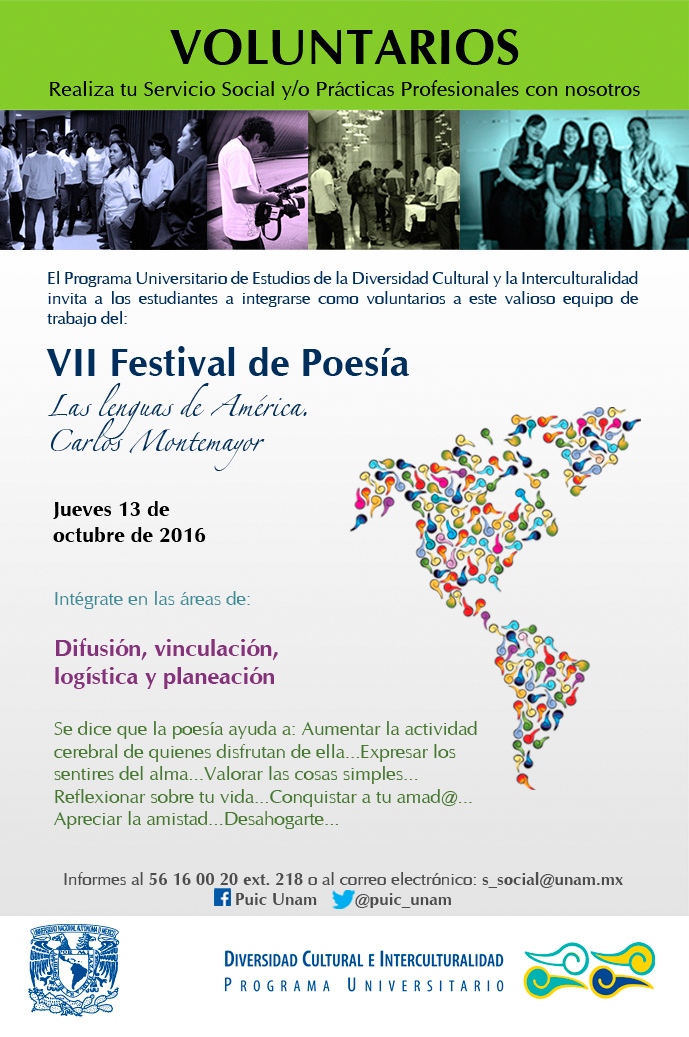 Voluntariado para formar parte del equipo en el VII Festival de Poesía las Lenguas de América. Carlos Montemayor