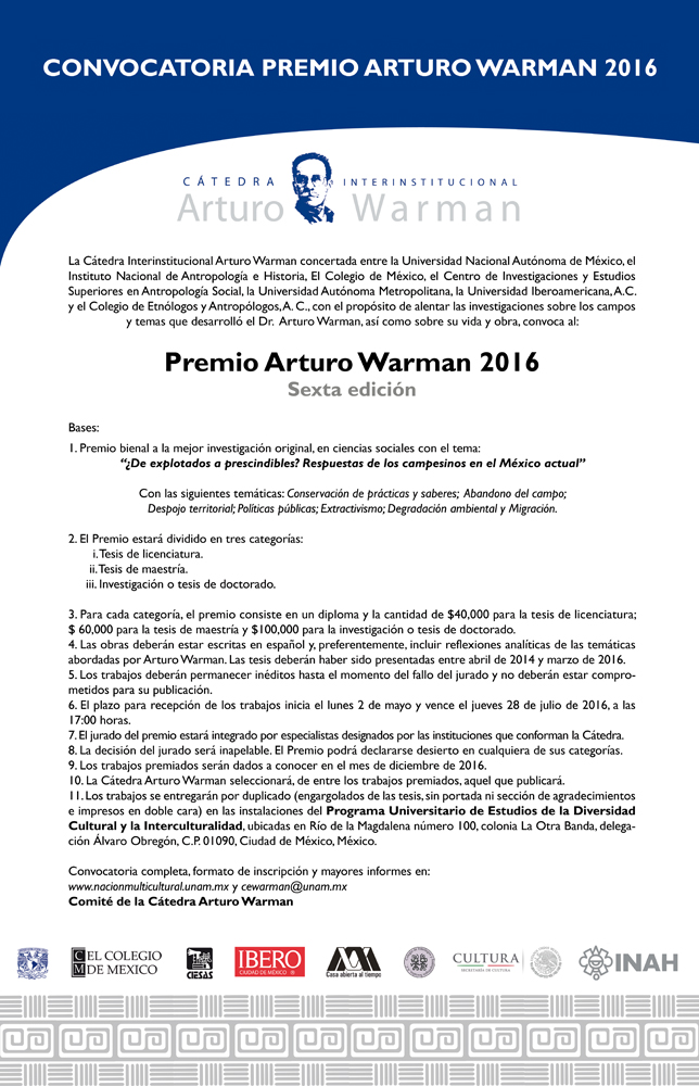 Convocatoria del VI Premio Arturo Warman 2016. Sexta edición