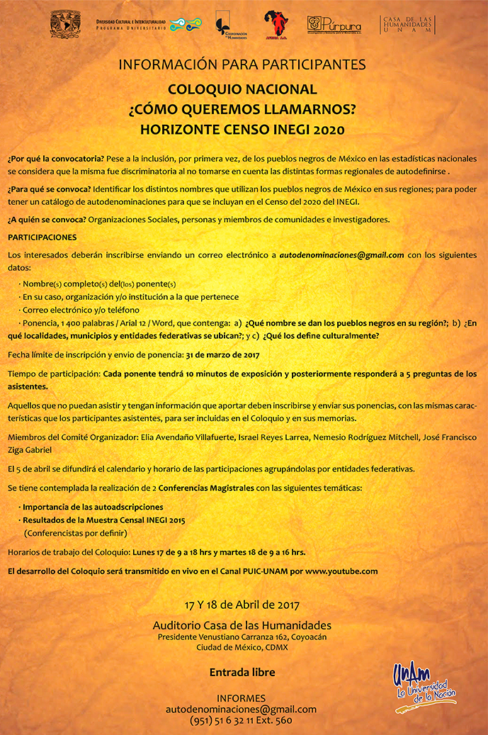 Convocatoria Coloquio Nacional ¿Cómo queremos llamarnos? Horizonte Censo INEGI 2020
