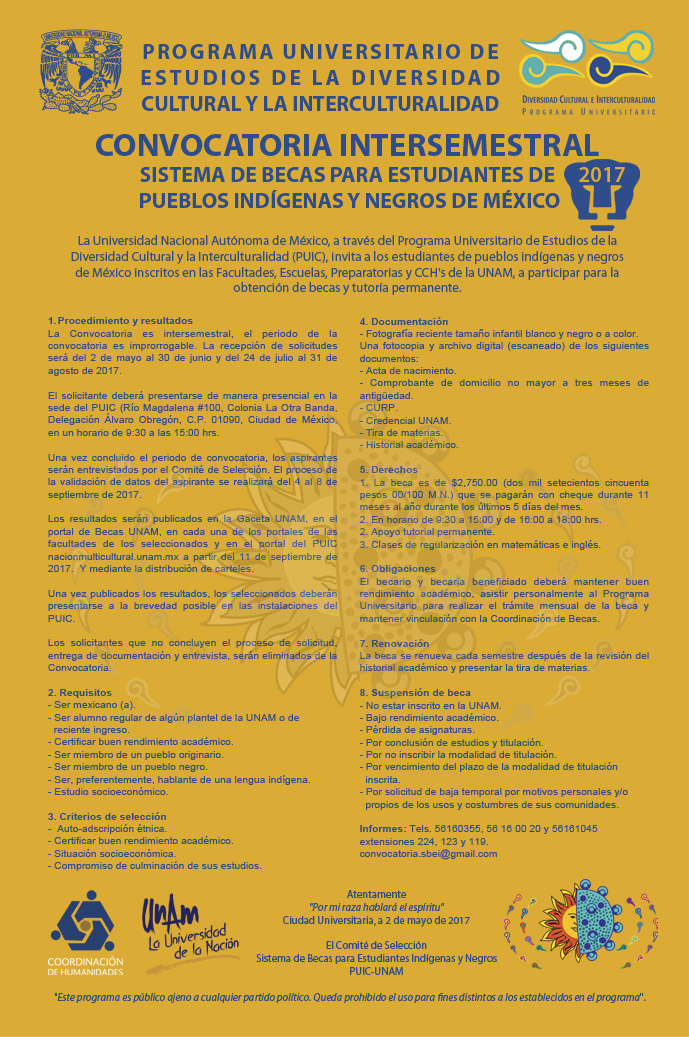 Convocatoria Intersemestral del Sistema de Becas para Estudiantes de Pueblos Indígenas y Negros de la UNAM 2017