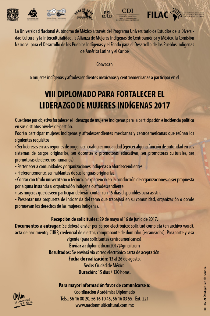 Convocatoria para participar en el VIII Diplomado para Fortalecer el Liderazgo de Mujeres Indígenas 2017