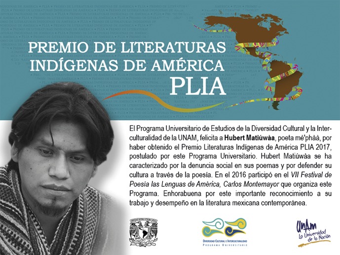 El PUIC felicita a Hubert Matiúwàa por haber obtenido el Premio Literaturas Indígenas de América PLIA 2017