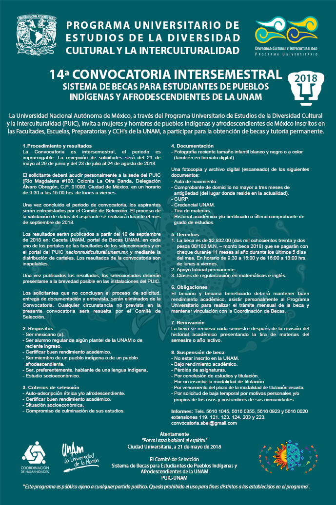 14ª Convocatoria intersemestral Sistema de Becas para Estudiantes de Pueblos Indígenas y Afrodescendientes de la UNAM 2018