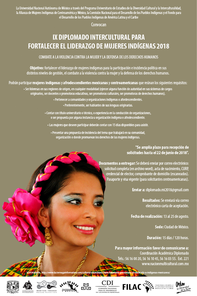 Convocatoria para el IX Diplomado intercultural para fortalecer el liderazgo de mujeres indígenas 2018 (Apliación de fecha)