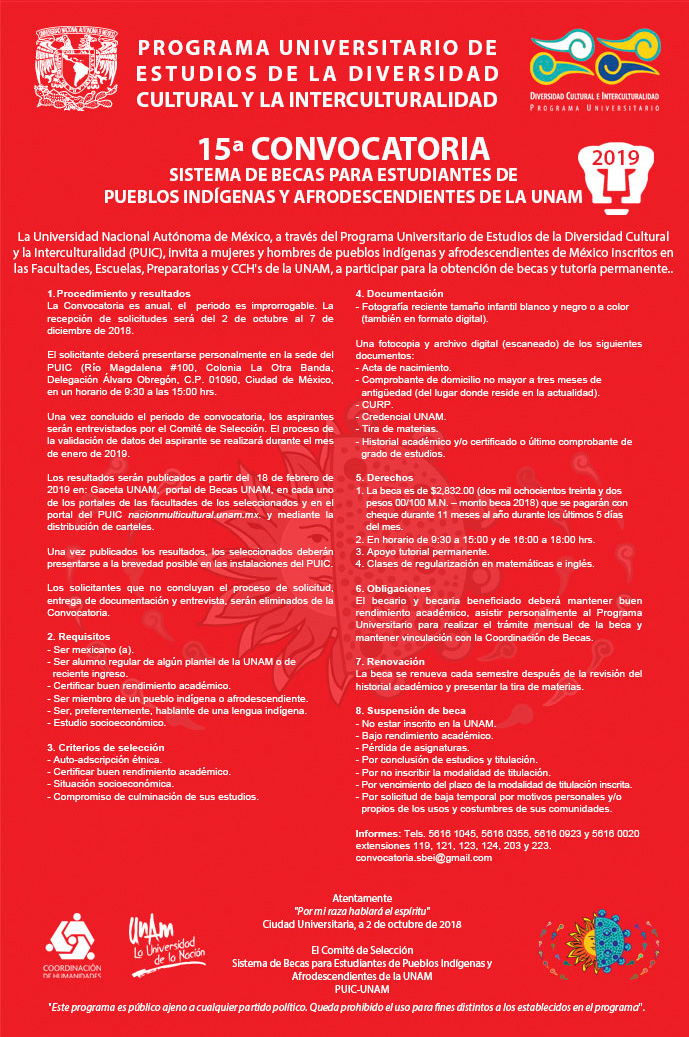 15a Convocatoria Sistema de Becas para Estudiantes de Pueblos Indígenas y Afrodescendientes de la UNAM 2019