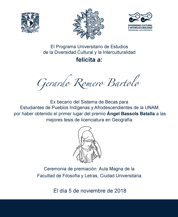 El PUIC felicita a Gerardo Romero Bartolo, ex becario nahua por haber ganado con su tesis el concurso Ángel Bassols Batalla de Geografía