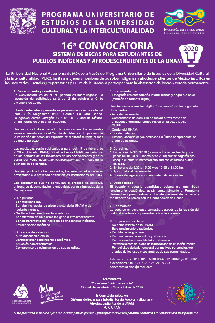 16a Convocatoria del Sistema de Becas para Estudiantes de Pueblos Indígenas y Afrodescendientes de la UNAM 2020