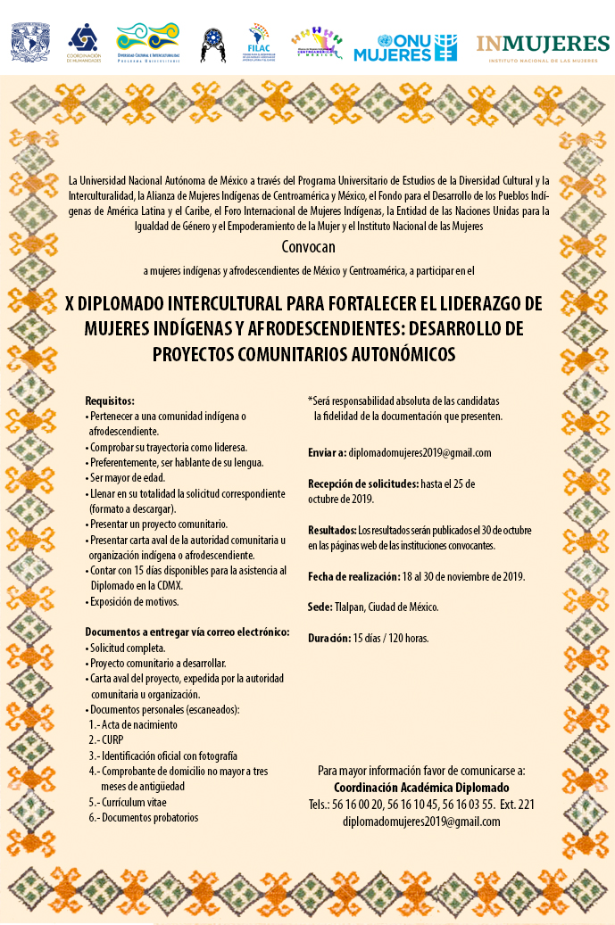 Convocatoria para participar en el X Diplomado Intercultural para Fortalecer el Liderazgo de Mujeres Indígenas y Afrodescendientes: Desarrollo de Proyectos Comunitarios Autonómicos