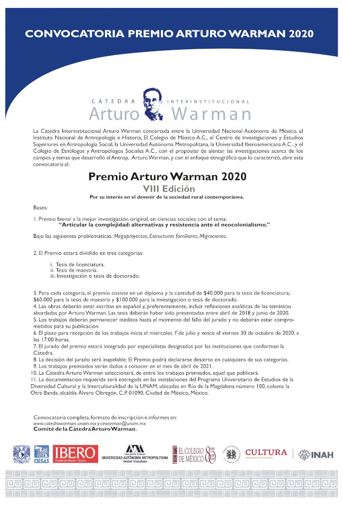 Convocatoria del Premio Arturo Warman 2020. Octava edición