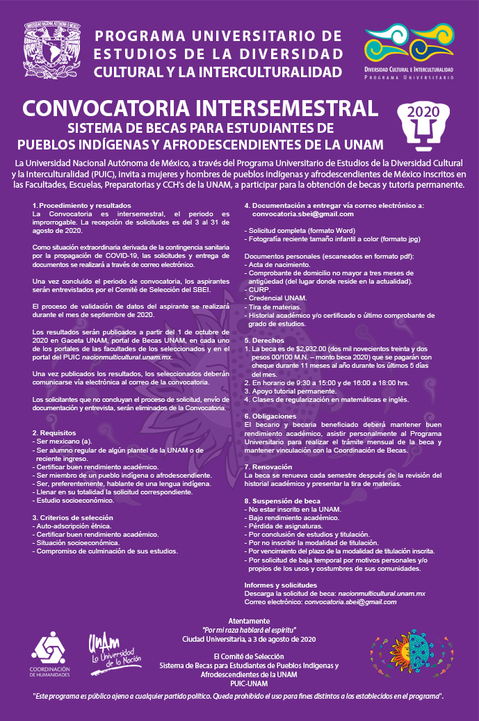Convocatoria intersemestral del Sistema de Becas para Estudiantes de Pueblos Indígenas y Afrodescendientes de la UNAM 2020