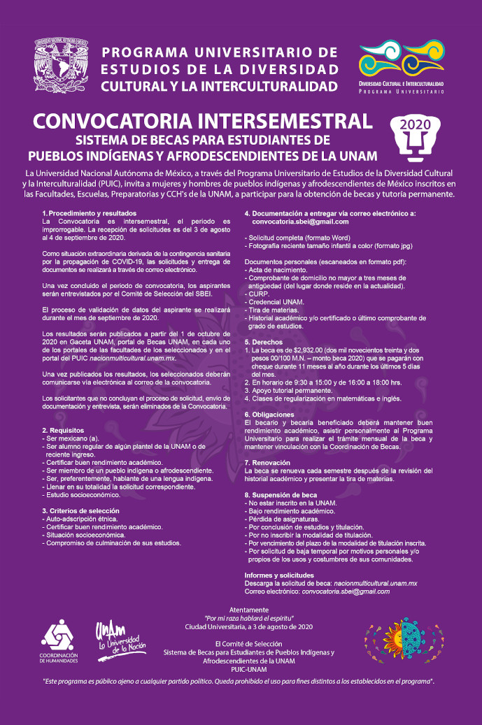 Convocatoria intersemestral del Sistema de Becas para Estudiantes de Pueblos Indígenas y Afrodescendientes de la UNAM 2020