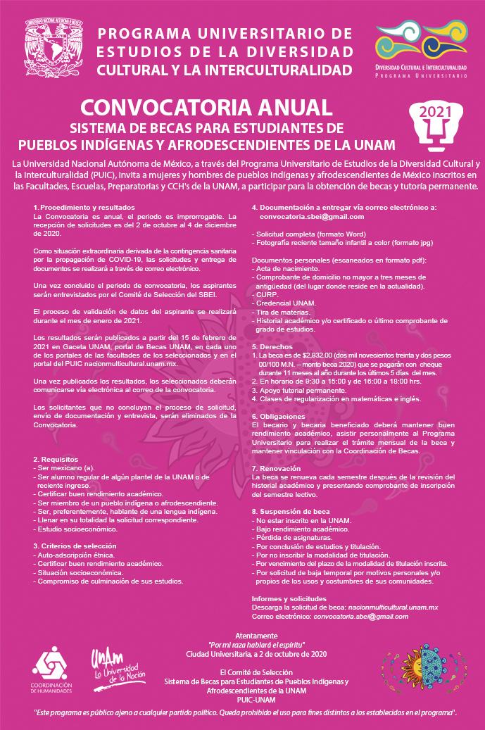 Convocatoria anual del Sistema de Becas para Estudiantes de Pueblos Indígenas y Afrodescendientes de la UNAM 2021