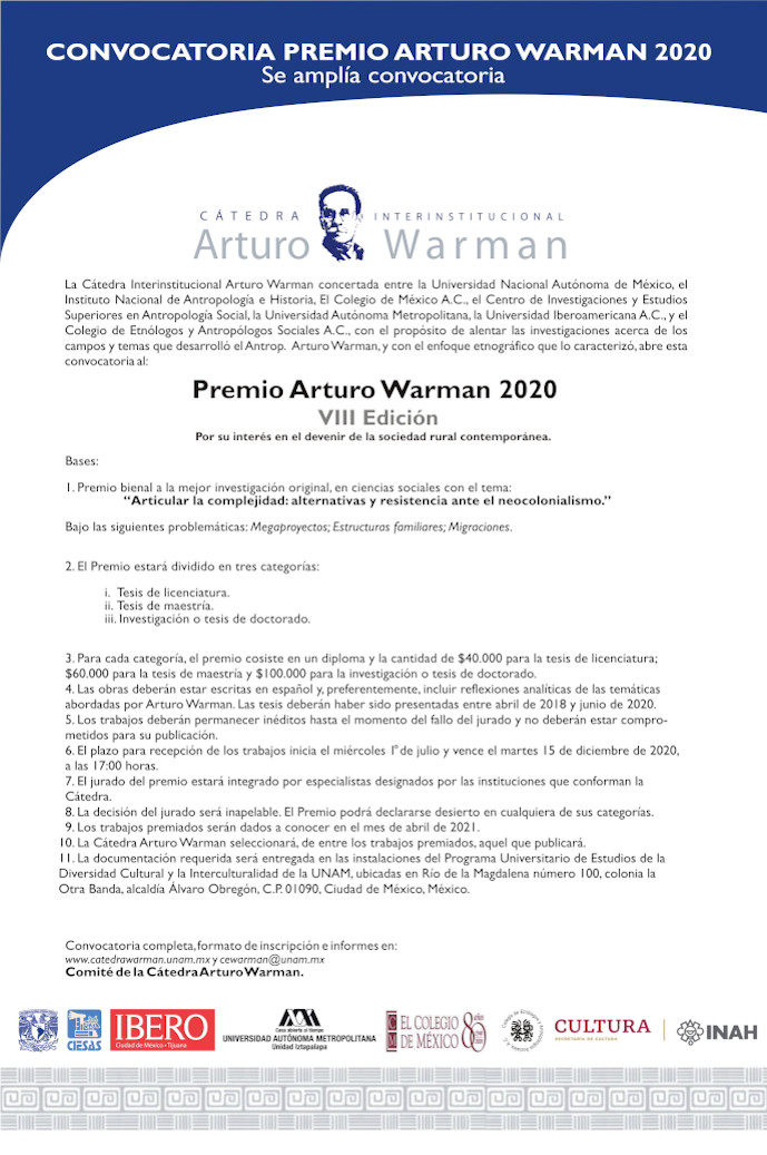 Convocatoria del Premio Arturo Warman 2020. Octava edición