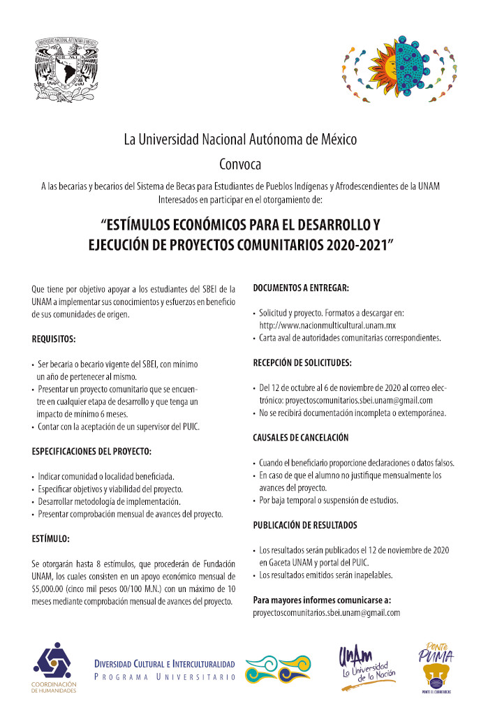 Convocatoria para becarias y becarios del SBEI. Estímulos económicos para el desarrollo y ejecución de proyectos comunitarios 2020-2021