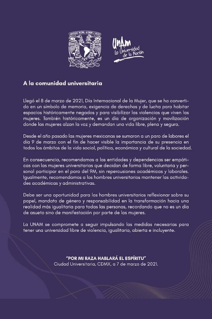 Comunicado de la UNAM sobre el 8 y 9 de marzo