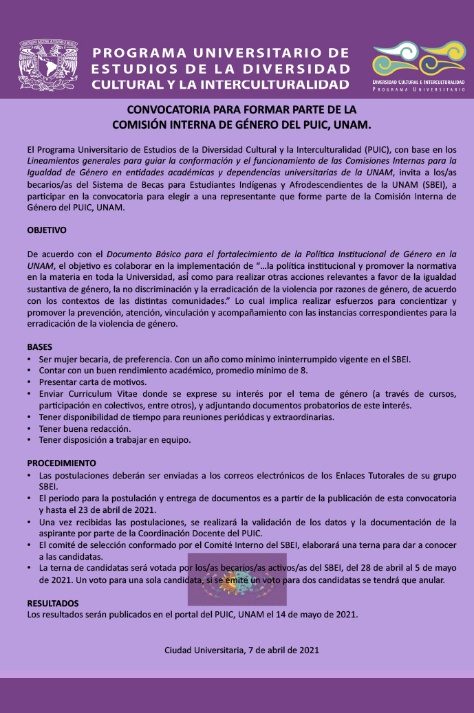Convocatoria dirigida a los becarios y las becarias del SBEI, para formar parte de la Comisión Interna de Género del PUIC, UNAM.