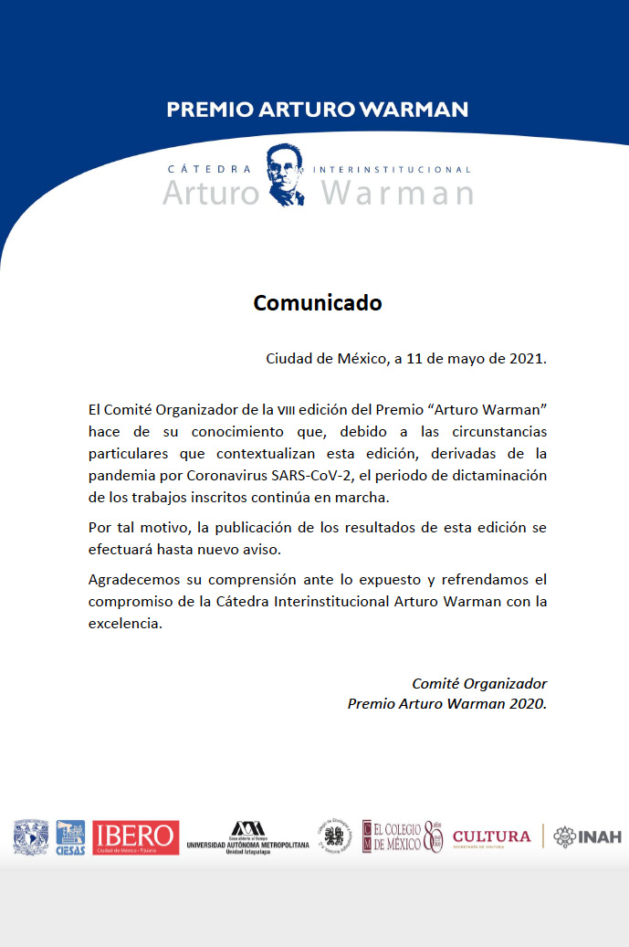 Comunicado del VIII Premio Arturo Warman 2020. Octava edición