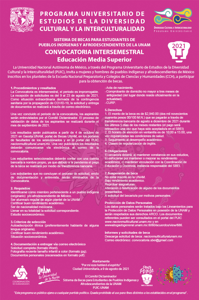 Convocatoria intersemestral Sistema de Becas para Estudiantes de Pueblos Indígenas y Afrodescendientes de la UNAM 2021 – Educación Media Superior