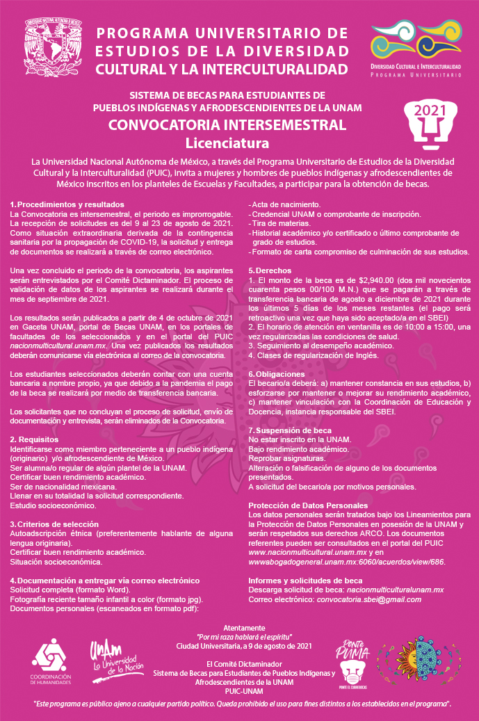 Convocatoria intersemestral Sistema de Becas para Estudiantes de Pueblos Indígenas y Afrodescendientes de la UNAM 2021 – Licenciatura