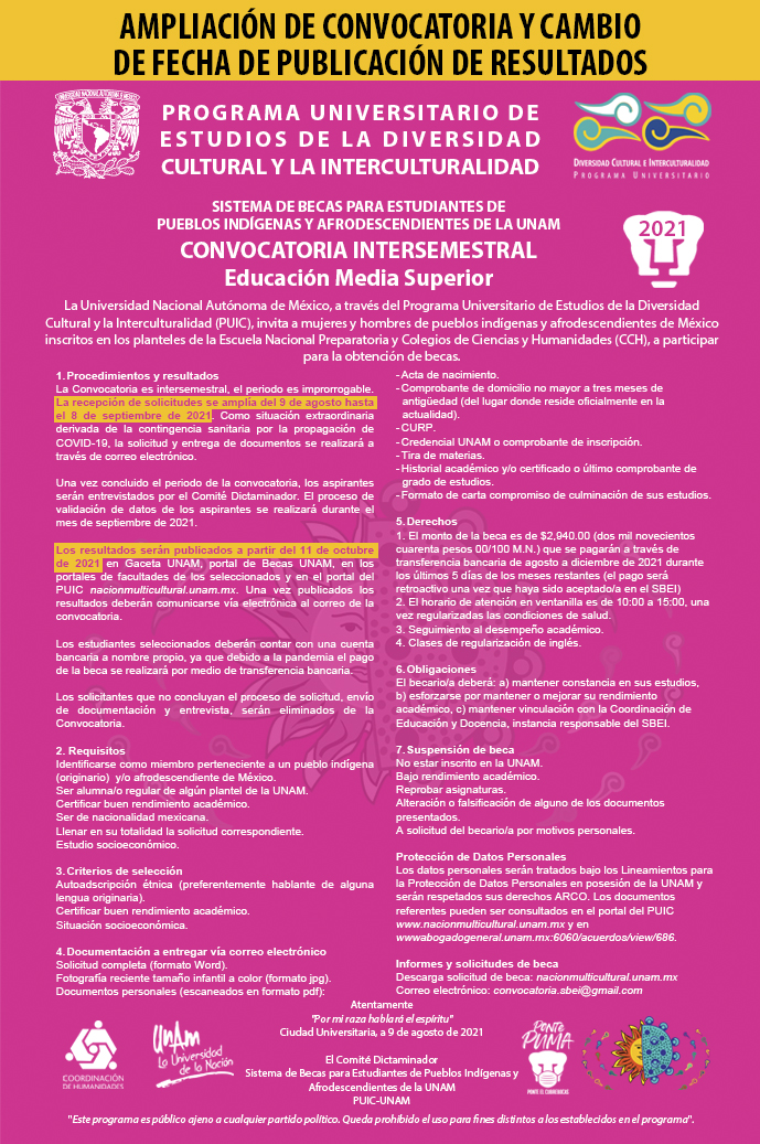 Convocatoria intersemestral Sistema de Becas para Estudiantes de Pueblos Indígenas y Afrodescendientes de la UNAM 2021 – Educación Media Superior
