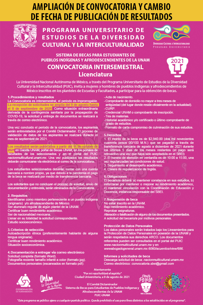 Convocatoria intersemestral Sistema de Becas para Estudiantes de Pueblos Indígenas y Afrodescendientes de la UNAM 2021 – Licenciatura