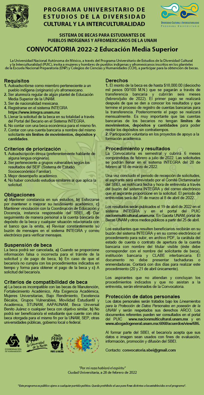 Convocatoria del Sistema de Becas para Estudiantes de Pueblos Indígenas y Afrodescendientes de la UNAM 2022-2 – Educación Media Superior