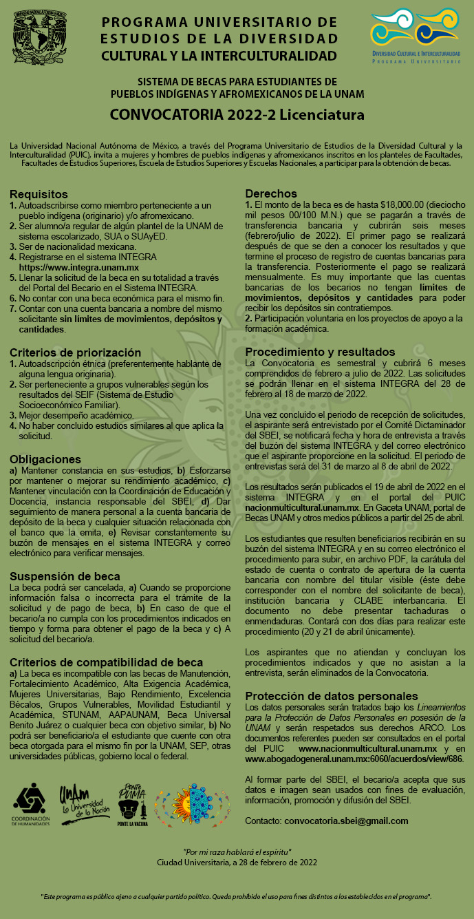 Convocatoria del Sistema de Becas para Estudiantes de Pueblos Indígenas y Afrodescendientes de la UNAM 2022-2 – Licenciatura