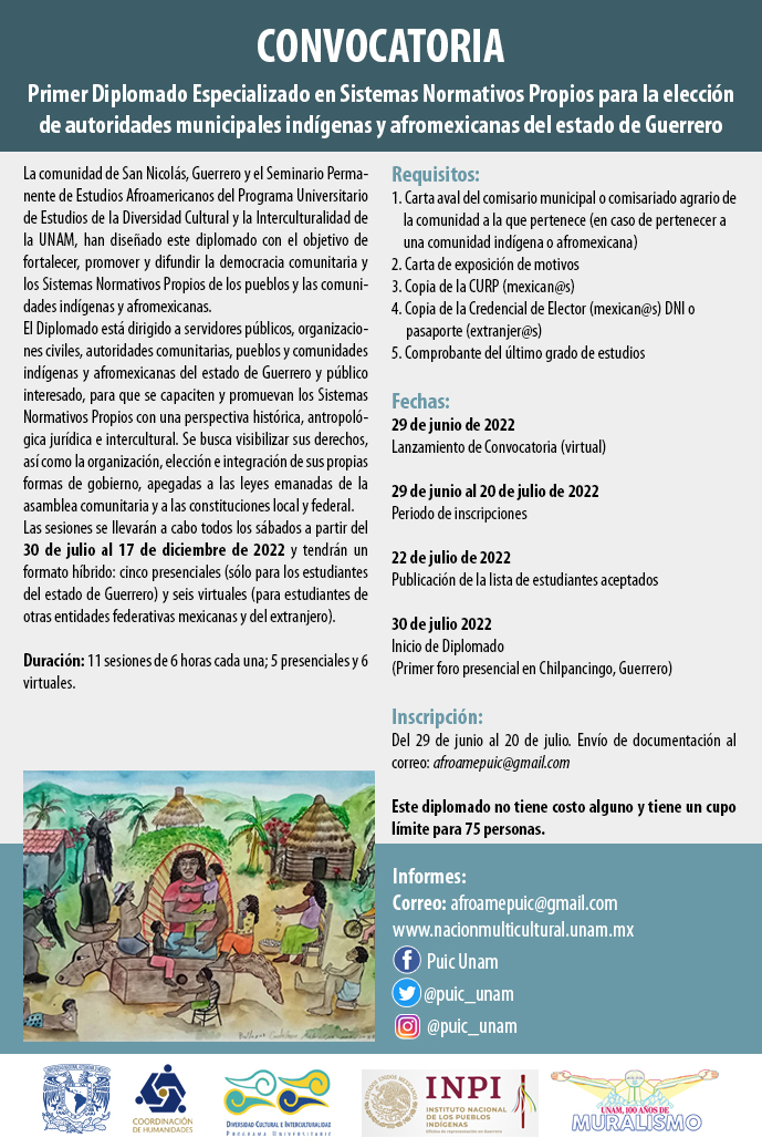 Convocatoria del Primer Diplomado Especializado en Sistemas Normativos Propios para la elección de autoridades municipales indígenas y afromexicanas del estado de Guerrero