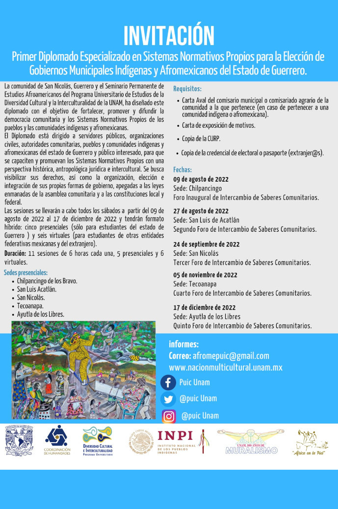 Convocatoria del Primer Diplomado Especializado en Sistemas Normativos Propios para la elección de autoridades municipales indígenas y afromexicanas del estado de Guerrero