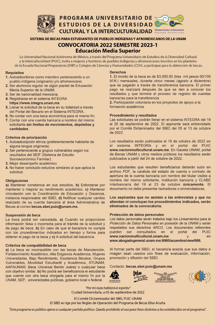Convocatoria del Sistema de Becas para Estudiantes de Pueblos Indígenas y Afrodescendientes de la UNAM 2022 Semestre 2023-1 – Educación Media Superior