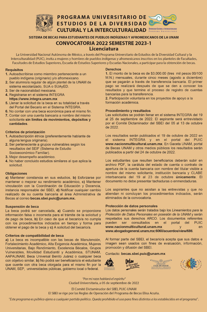 Convocatoria del Sistema de Becas para Estudiantes de Pueblos Indígenas y Afrodescendientes de la UNAM 2022 Semestre 2023-1 – Licenciatura – Licenciatura