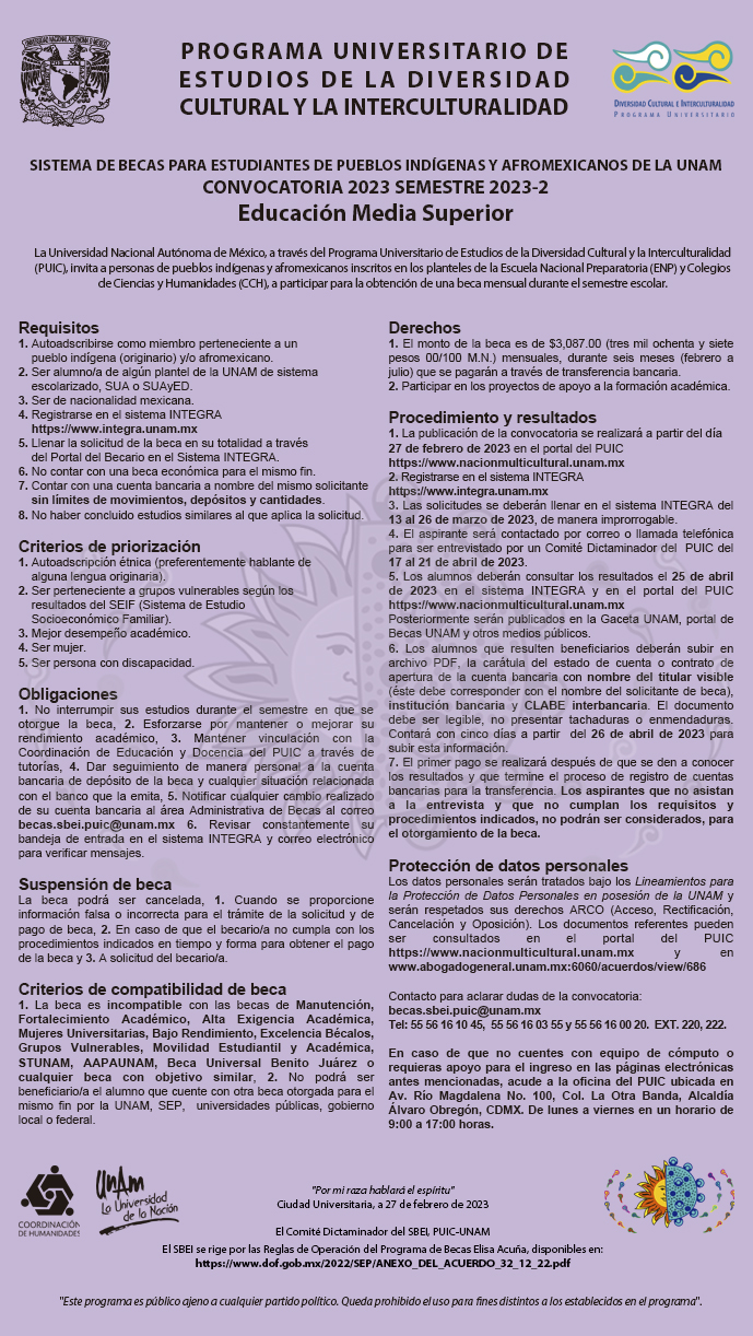 Convocatoria del Sistema de Becas para Estudiantes de Pueblos Indígenas y Afromexicanos de la UNAM 2023-2 – Educación Media Superior