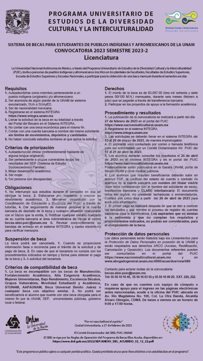 Convocatoria del Sistema de Becas para Estudiantes de Pueblos Indígenas y Afromexicanos de la UNAM 2023-2 – Licenciatura