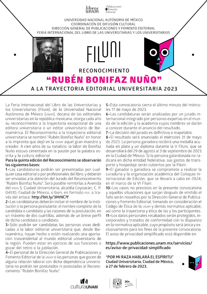 Convocatoria: Reconocimiento “Rubén Bonifaz Nuño” a la Trayectoria Editorial Universitaria 2023