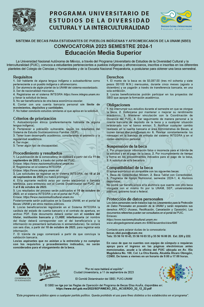 Convocatoria del Sistema de Becas para Estudiantes de Pueblos Indígenas y Afromexicanos de la UNAM 2024-1 – Educación Media Superior